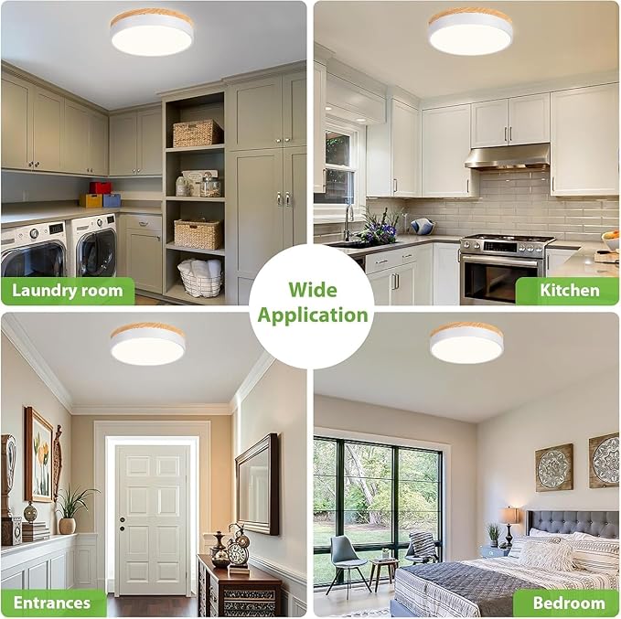 Dimmable Modern Wood Ceiling Light, White LED 5CCT 2700K-6000K Flush Mount Ceiling Lighting Fixture, Round Light Fixtures for Kitchen Entryway Hallway Bedroom Laundry Room-11.8in
