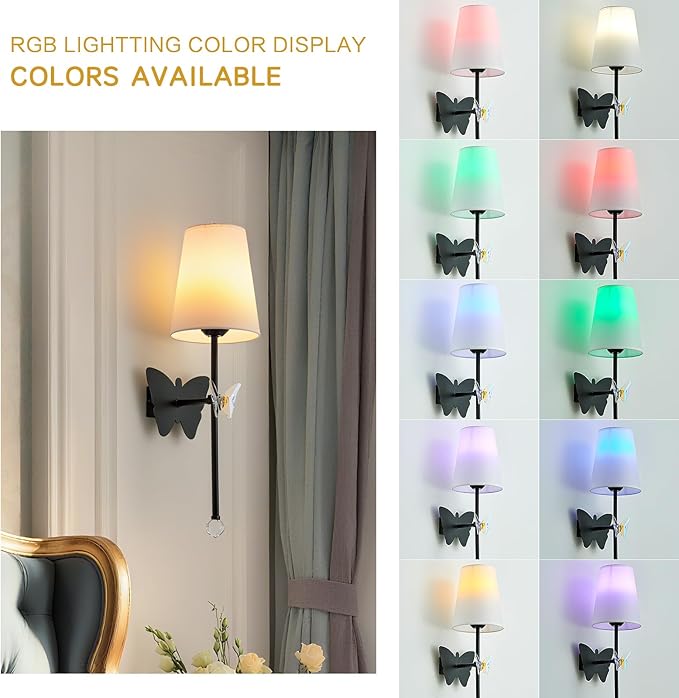 Black Wall Lights Battery Operated Set of 2, Rechargeable Wall Lights with Butterfly, Battery Powered Sconces Indoor Wall Lamps for Bedroom Living Room Hallway Stairs Bathroom