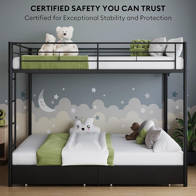 Twin Over Twin Metal Bunk Bed with LED Lights, USB Charging Station, 2 Drawers, Guard Rails & Ladder – No Box Spring Needed, Easy Assembly, Black