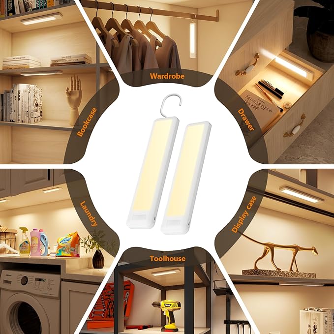 Dawnrise Under Cabinet Lights, 7.8 inch Motion Sensor Closet Light Indoor with Hook, Rechargeable Portable Lighting for Cabinet, Wardrobe, Closet, Bedroom, Storage Room, Utility Room (3000K)