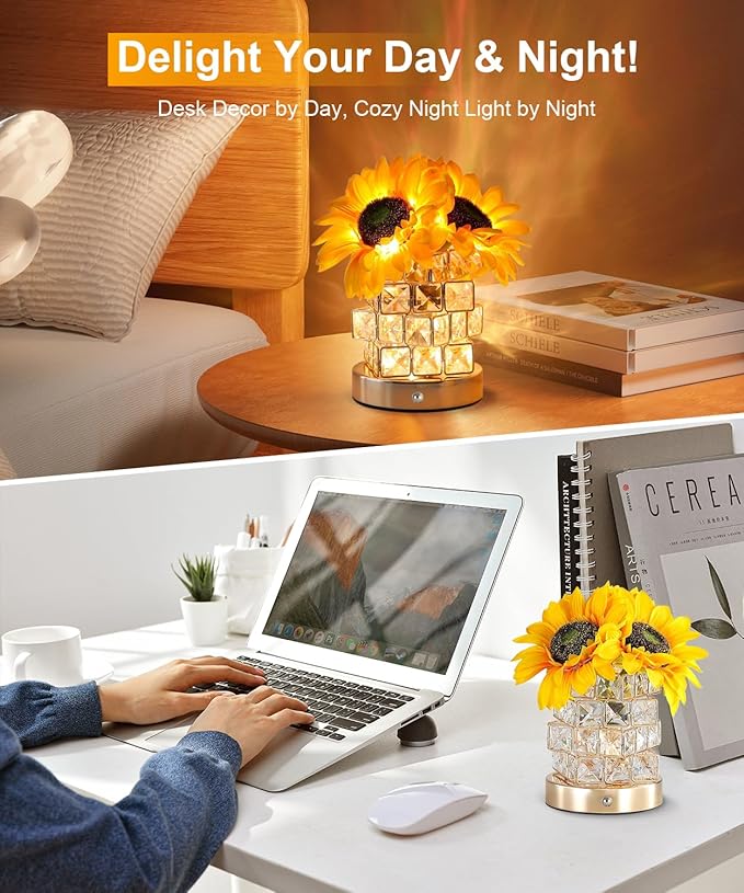 Fussion Sunflower Lamp Gifts for Women, Rechargeable Warm Flowers Night Light, 3 Color Temperature Stepless Dimming Touch CordlessTable Lamp, Birthday Gift for Mom Grandmom Girlfriend