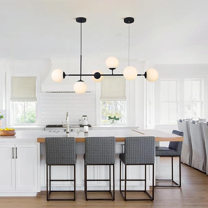 KCO Lighting Mid Century Modern Chandelier Black Linear Sputnik Pendant Light Contemporary 6-Light Glass Globe Chandelier Adjustable Kitchen Island Pendant Lighting (Black+White)