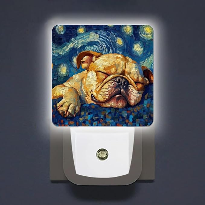 LED Night Lights Plug into Wall,Starry Night Sleeping Bulldog Decorative Night Lights Plug into Wall with Auto Light Sensor for Boys Girls Bedroom Decorative Nightlight Led Lamp