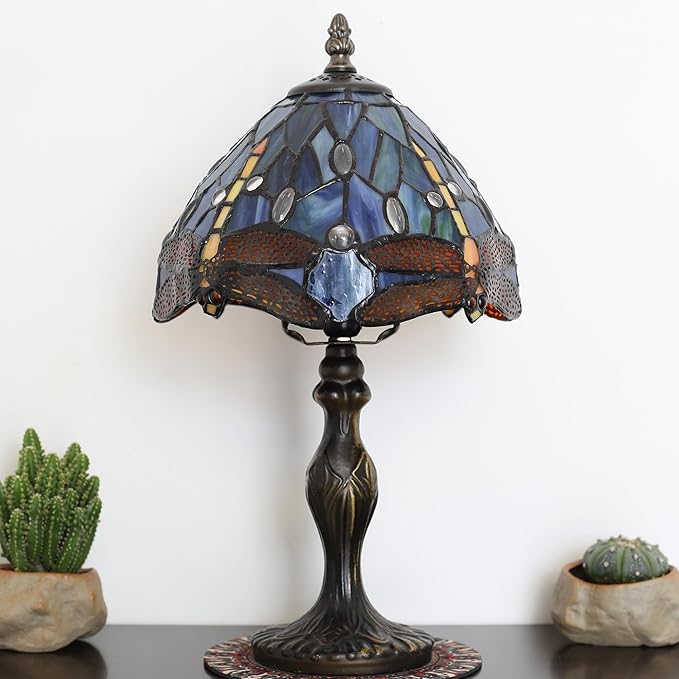 Tiffany Style Lamp Stained Glass Table Lamp 8 x 14.5 Mini Accent Light Blue Dragonfly Design Small Decorative Bedside Reading Memory Lamp