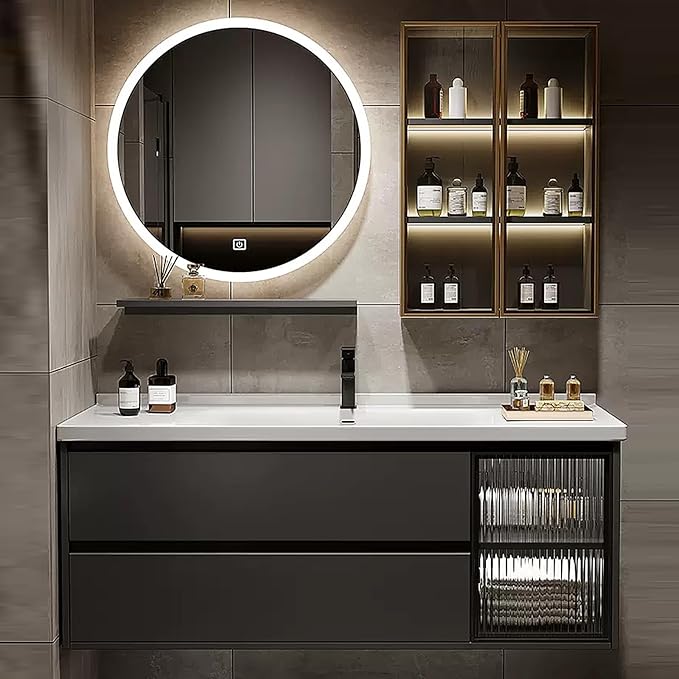 Floating Bathroom Vanity with Sink - LED Smart Defog Mirror | Ceramic Basin, Side Cabinets with Ambient Lighting, Modern Wood Bathroom Cabinet (44'')