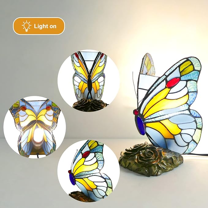 Tiffany Style Butterfly Lamp Handmade Bedside Table Lamp Blue Stained Glass Desk Lamp Colorful Small Night Light Reading Lamp for Living Room Bedroom Farmhouse Hotel Lamp