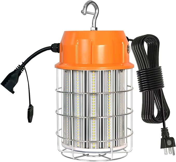100W LED Temporary Work Light,5000K 13000Lm Portable Work Lights with Stainless Steel Guard & Hook for Mine Wharf Job Site Lighting,IP65 Dust Waterproof,Plug-n-Play
