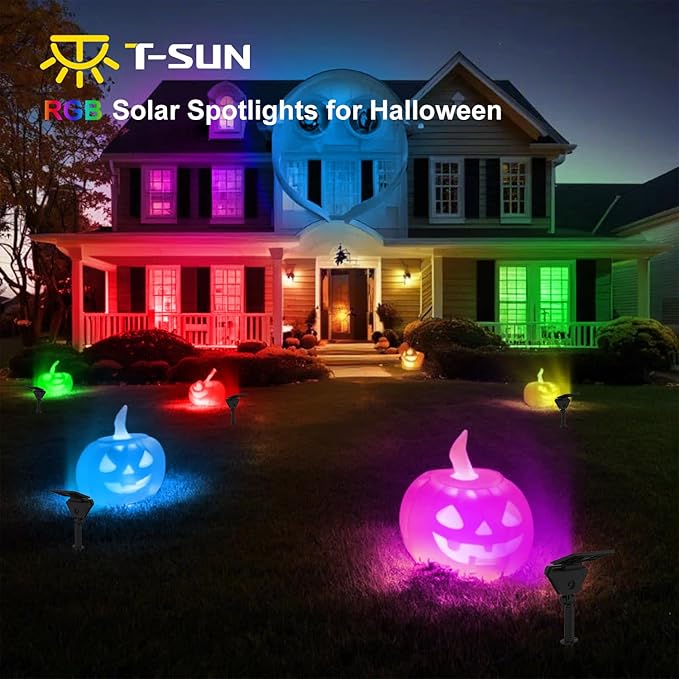 T-SUN Solar Lights Outdoor Waterproof IP65, 6Pack LED Solar Spot Lights Color Changing IP65 Waterproof Smart Auto On/Off for Outside Landscape Garden Yard Lawn Pathway Patio Driveway