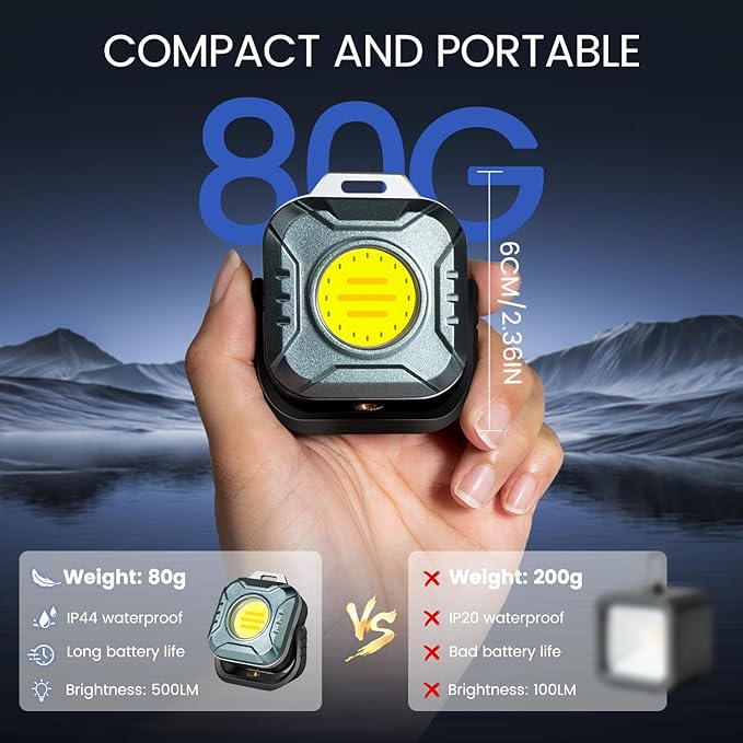 Rechargeable Work Light Mini, 500 Lumens 1200 mAh Magnetic Led Portable Lamp, 2.9 Oz Supersmall for Emergency Nighttime Auto Repair, Birthday Gifts for Husband and Father, Grey, 4 Pcs