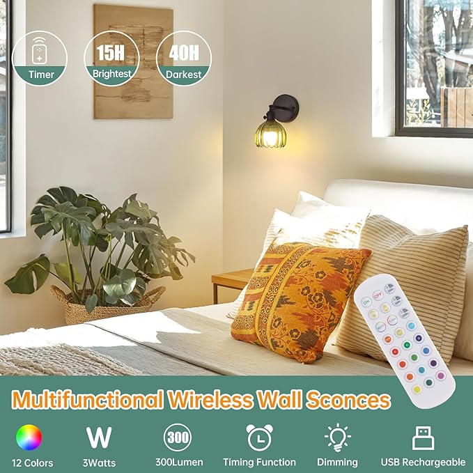 Vintage Battery Operated Wall Sconce with Cute Green Tulip Glass Lampshade Wireless Rechargeable Battery Powered Black Wall Light with Remote Control for Bedside Bedroom Doorway