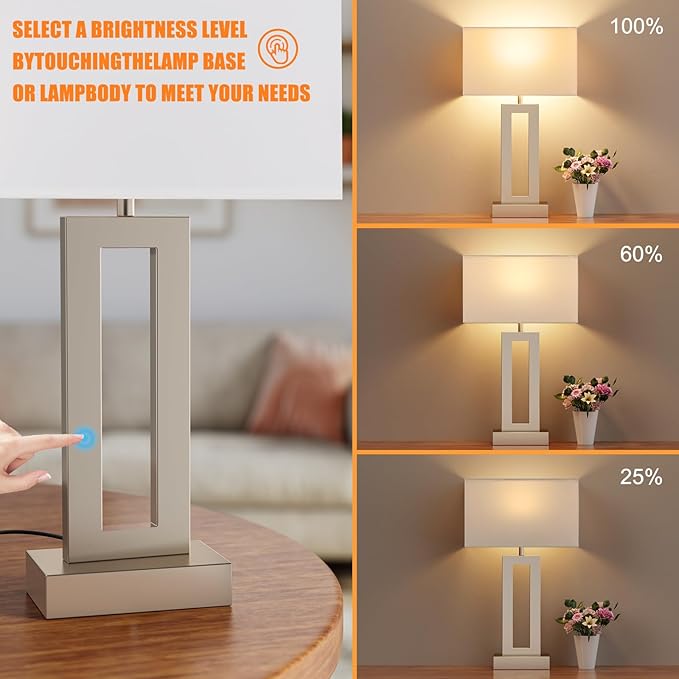 Seealle Nightstand Table Lamps for Bedrooms Set of 2 - Touch Bedside Lamp with USB C+A, 3 Way Dimmable Living Room Lamps for End Tables Set of 2(White&Flash-Grey)