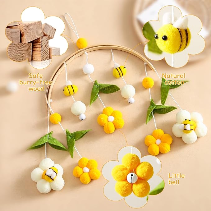 OESSUF Baby Mobile for Crib Crib Nursery Mobile for Boys Girls Boho Bee Flower Nursery Decor Soothe Toy Baby Shower Set for Infant Bedroom Hanging Decoration Toy(Bee)