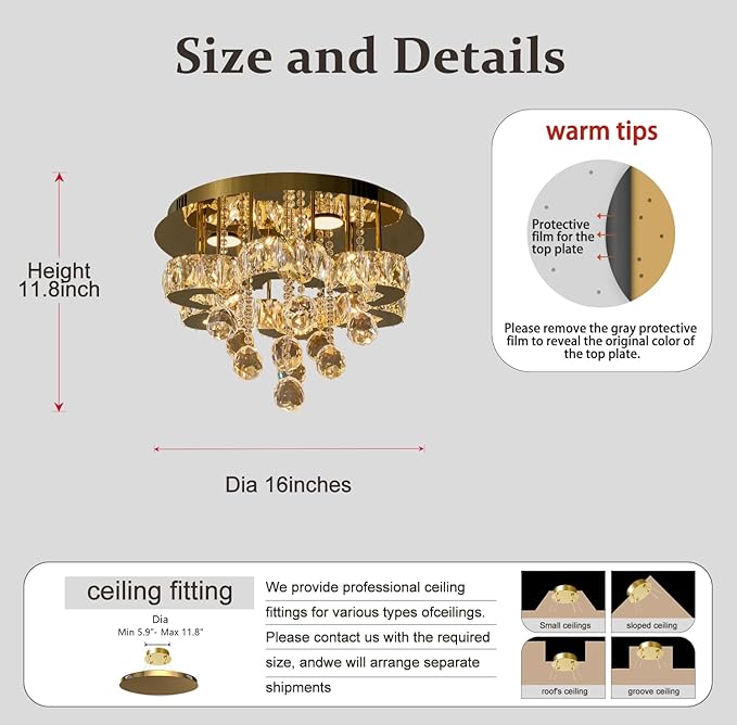 Flashing God 16" Gold Crystal Chandelier Semi Flush Mount Ceiling Light Crystal Close to Ceiling Light Fixtures for Bedroom Living Room Kitchen Hallway Dimmable Lighting 2700k 4500k 6000k