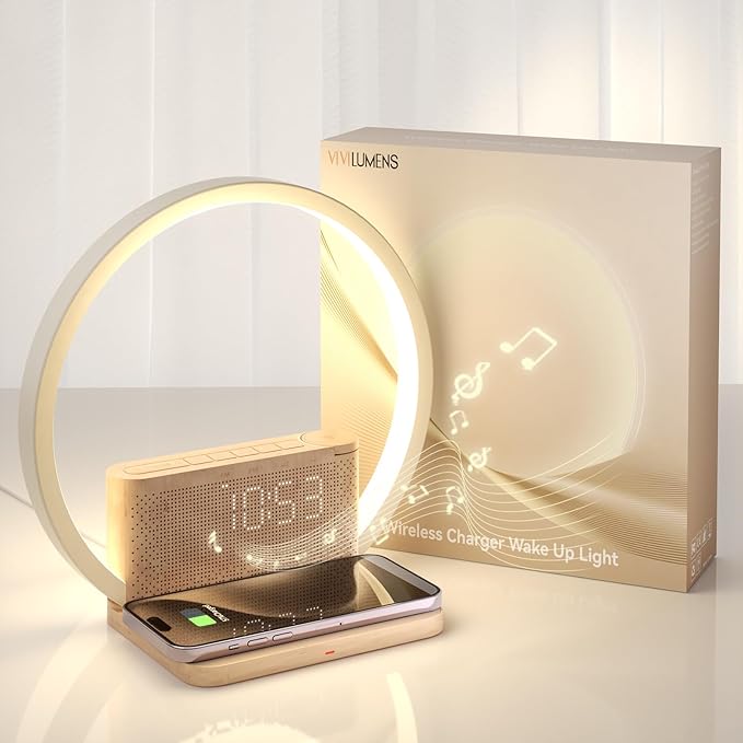 Vivilumens Sunrise Alarm Clock Wireless Charger, 10 White Noise Sound Machine Alarm Clock with 30/60/90 Mins Timer, 3 Levels Touch Night Light Dual Clocks for Heavy Sleeper Bedroom Decor Gifts for Her