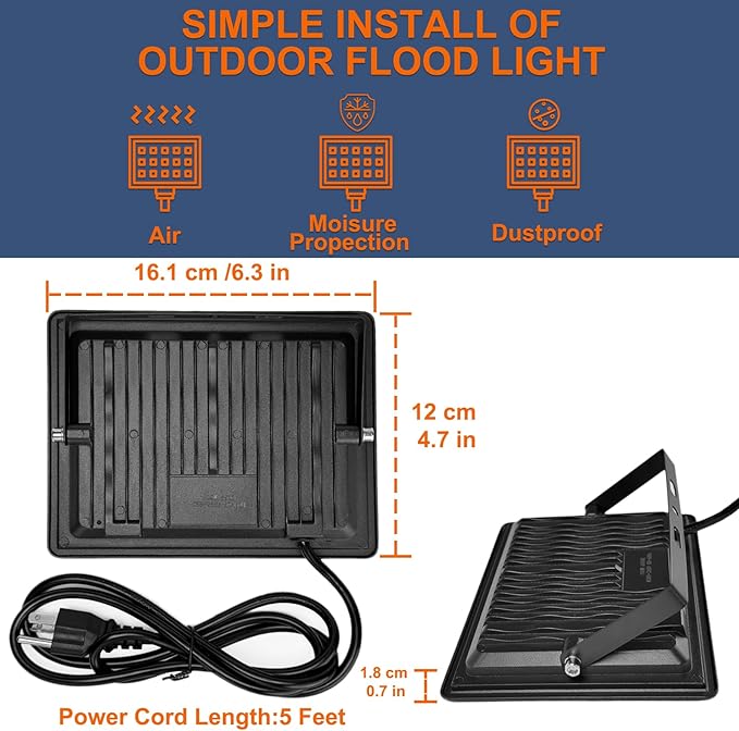 XXBSAZ 50W LED Security Flood Lights (2-Pack), 9000LM Super Bright for Home Safety, Easy 5-Min Plug-in, All-Weather IP66 Waterproof for Garages, Backyards, Driveways
