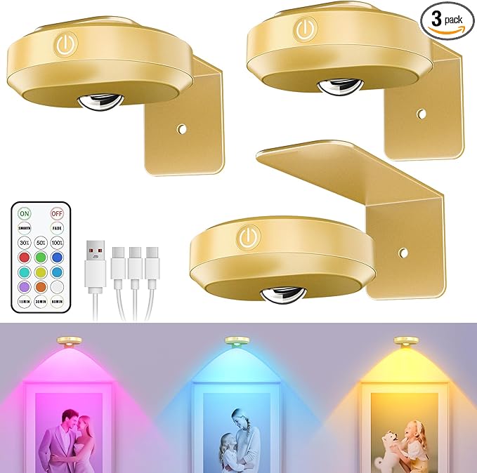 WILLED Wireless Picture Lights for Wall,Puck Lights with Remote,1200mAh Rechargeable Battery Operated Wall Lights,9RGB Colors,Dimmable&Timer,Gallery Lights,Art Display Lighting for Paintings/3 Pack