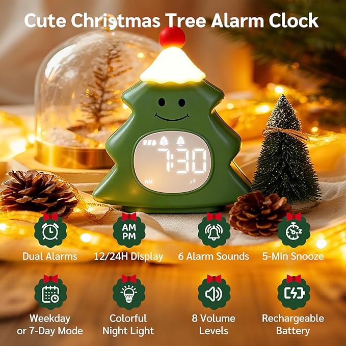 Yiliaw Kids Alarm Clock with Night Light, Christmas Tree Wake Up Clock, Rechargeable Cute Alarm Clock for Bedroom, for Boys and Girls, Green