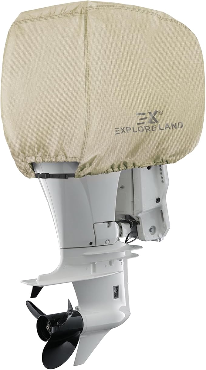 Explore Land Waterproof 600D Heavy Duty Outboard Motor Cover - Full Size Boat Engine Covers Fit for Motor up to 25HP, Tan
