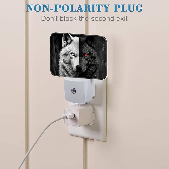Black White Wolf Night Light for Kids Girls Boys, Red Blue Eyes Wolf LED Night Light Plug into Wall with Dusk to Dawn Sensor for Bedroom, Hallway, Kitchen, Bathroom, Stairs Decor
