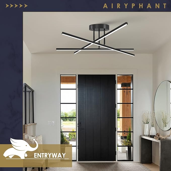 Modern LED Chandelier 18W Dimmable Black Semi Flush Mount Ceiling Light Fixture for Kitchen Dining Room Foyer Entry, 23.82"