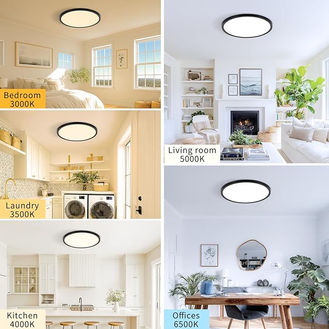 14.9 Inch 2PK LED Flush Mount Ceiling Light, ETL ,32W, 3343LM, 3000K/3500K/4000K/5000K/6500K CCT Selectable, 0.66in Ultra Thin Round Flat Panel Ceiling Light Fixture for Bedroom, Kitchen, (Black)