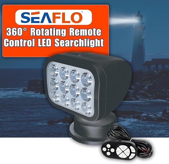 SEAFLO 360° Rotating Remote Control LED Searchlight, 10-30V, Auto-Reset, IP66 Waterproof, Marine Spotlight for Boats, Truck, Vehicles, CE & Rohs Certified (Wired Remote/Black/White Light 5500K)