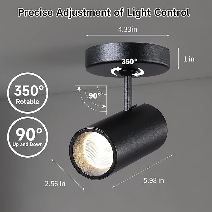 12W LED Dimmable Ceiling Spotlight Indoor - Adjustable Surface Accent Lamp for Corridor, Living Room, Warm White 3000K, CRI 97, Anti-Glare Picture Artwork Spot Light, Black 2 Packs