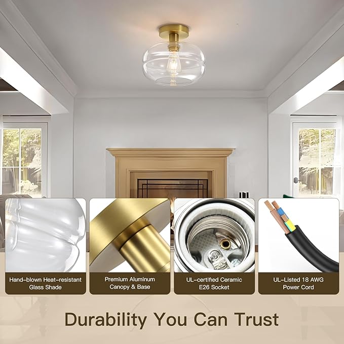 Semi Flush Mount Ceiling Light Fixture, 10-1/2 Inch Clear Glass Shade, Brushed Gold Modern Vintage 1-Light E26 Socket Ceiling Light for Hallway Entryway Kitchen Sink Bedroom Bathroom
