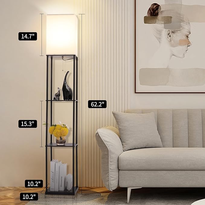 Floor Lamp with Shelves, Modern Square Standing Lamp with 3 Color Temperature Bulb, Corner Display Bookshelf Lamp for Living Room, Bedroom and Office (Black)