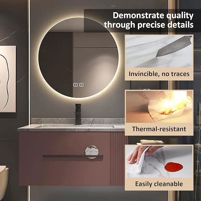 Bathroom Vanity with Sink - Extended Metal Handles & Side Cabinets with Ambient Lighting | Large Storage Space, Floating Wood Bathroom Vanities Sink Set (48'')