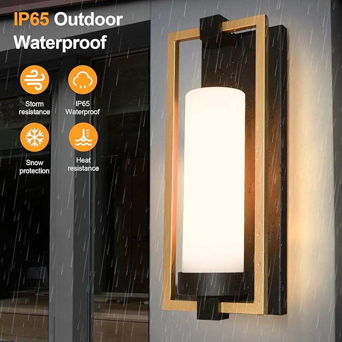 ALVIME Modern Gold Outdoor Wall Light Fixtures, 15 Inch 2 Pack Outdoor Wall Sconce for House, Waterproof Exterior Lighting Fixtures for Garage, Doorway, Porch, Patio, E26 Base&Etched Opal Glass