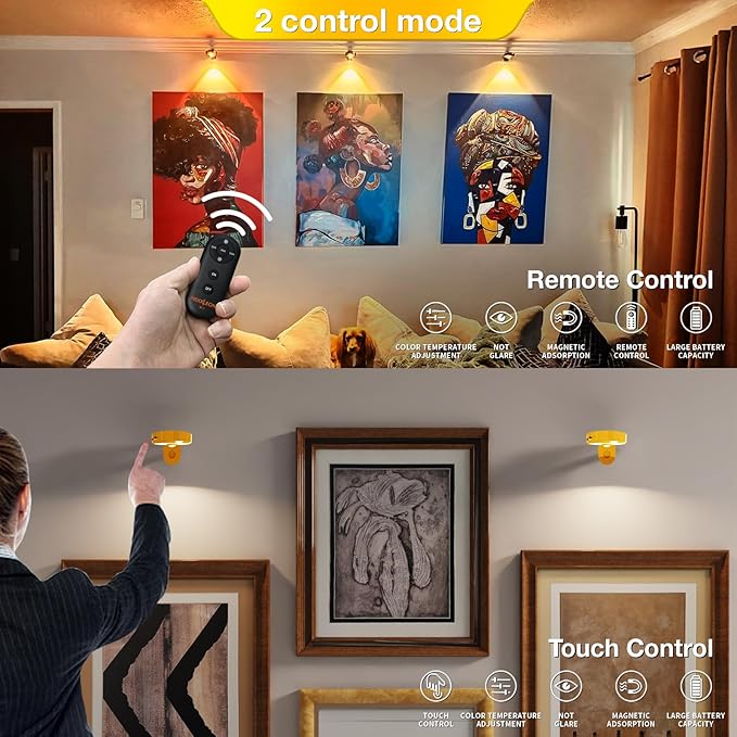 Picture Lights for Wall Wireless with Magnetic,2000mAh Rechargeable Picture Frame lights with Dimmable,Puck Lights with Remote Control,Art Lighting for Paintings,Counter, Shelf,Bookcase(4 Pack,Gold)