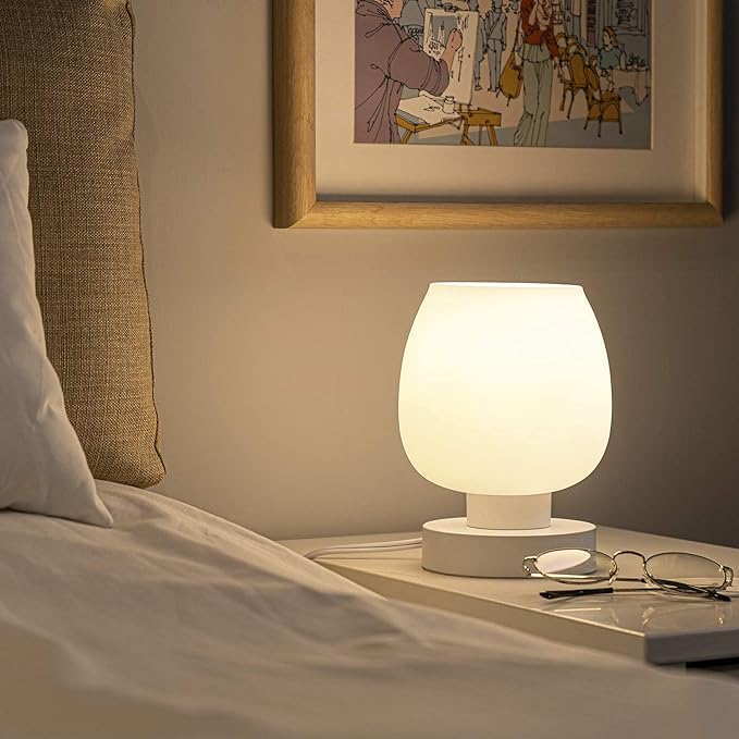 Touch Bedside Table Lamp - Modern Small Lamp for Bedroom Living Room Nightstand, Desk lamp with White Opal Glass Lamp Shade, Warm LED Bulb, 3 Way Dimmable, Simple Design