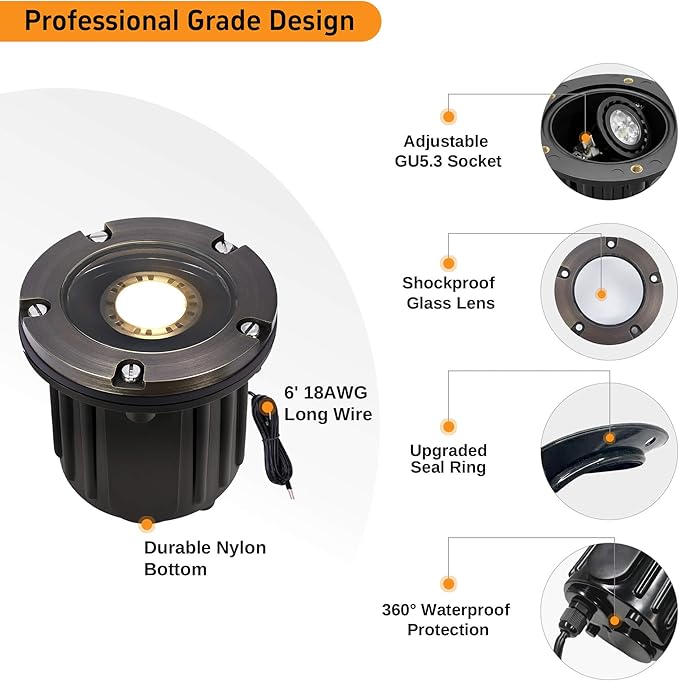 Gardenreet LED Well Lights Low Voltage - Brass In-Ground 12V Electric Lighting, Ip65 Weatherproof Light, Antique Bronze for Garden Walkway House with 5000K Daylight White MR16 Bulb