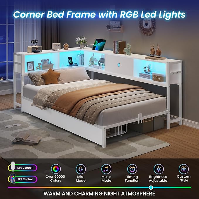 DICTAC Twin Corner Bed Frame with Bookcase Storage and Led Lights Twin Size Metal Platform Bed Frames with Storage Drawers and Charging Station Twin Size Daybed for Kids and Teen,Kids Bed Frame,White