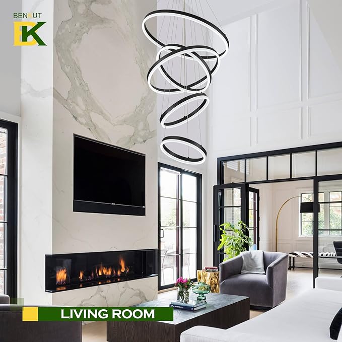 5-Rings Modern LED Chandelier Black High Ceiling Chandelier with Remote Control Dimmable Pendant Lighting for Dining Room Foyer Living Room Entryway Staircase(3000K-6500K, D23.6’’)