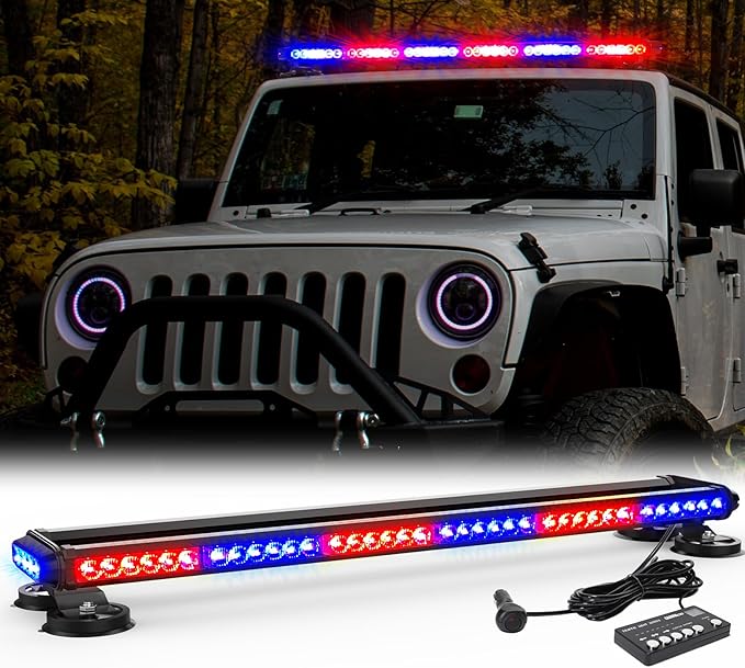 WINECO 38.5" Red Blue Roof Top LED Strobe Light Bar -Double Side 80 LED Emergency Hazard Warning Flashing Beacon Lighting Bar with Magnetic Base for Snow Plow, Trucks, Police,Construction Vehicles