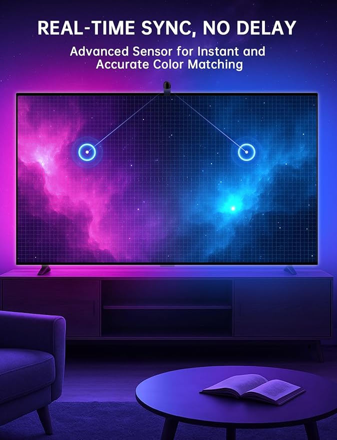 TV LED Backlight with Sensor, 14.7ft Cuttable RGB Strip Lights for 55-65 Inch Screen & PC Monitor, Smart App Control, Game and Music Sync Color That Changing
