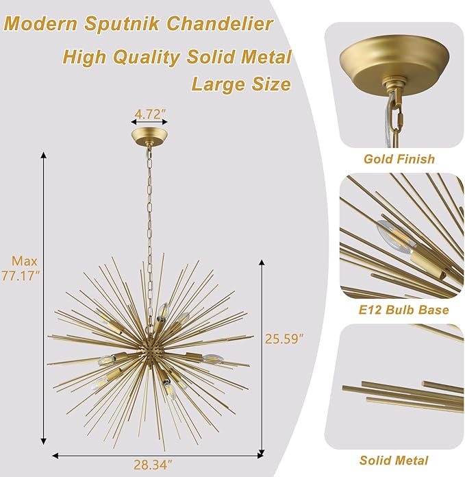Modern 28.34" Golden Sputnik Chandelier Modern 9-Lights Geometric Starburst Chandelier Solid Metal Gold Sputnik Chandeliers for Dining Room, Kitchen, Bedroom, Living Room, E12