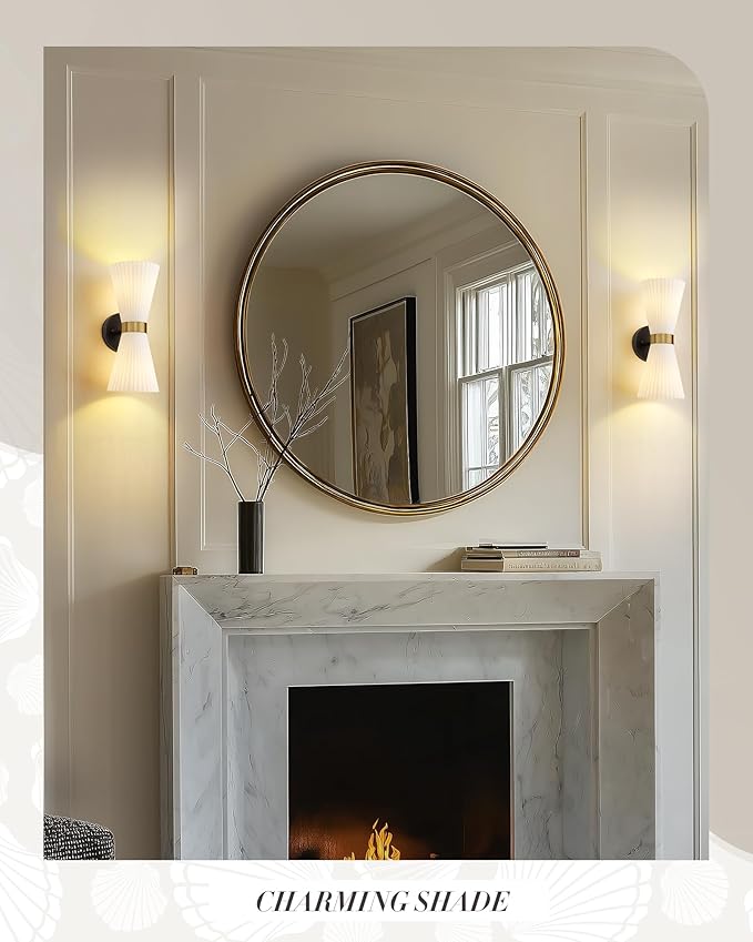 Indoor Wall Sconces, HWH Hardwired Black and Gold Bathroom Sconces Wall Lighting with Frosted Milk White Striped Glass, Modern Sconces Wall for Bathroom Hallway, 5HZG97B-2W BK+BG