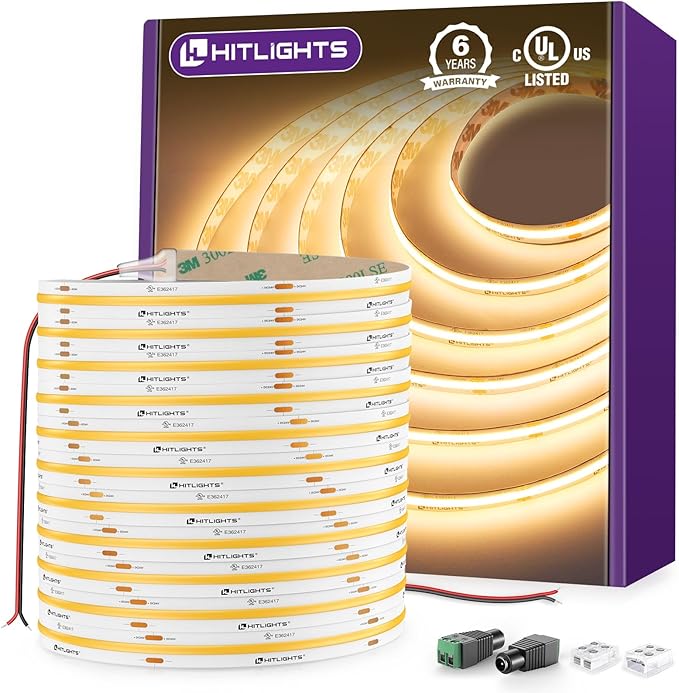 HitLights COB LED Strip Lights Warm White 3000K, 32.8ft Premium High Density 24V Tape Light, 5120 LEDs, 350+ LM/FT, CRI 90+, IP30, Lighting for Kitchen, Cabinets, UL Listed (Power Source Not Included)