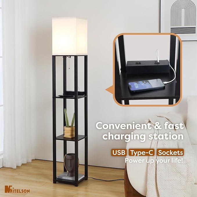 Floor Lamp with Shelves and USB, USB-C & Power Outlets, Shelf Lamp with Charging Station, Modern Square Lamps for Living Room, Standing Floor Lamp for Bedroom and Office, Tall Lamp, Black