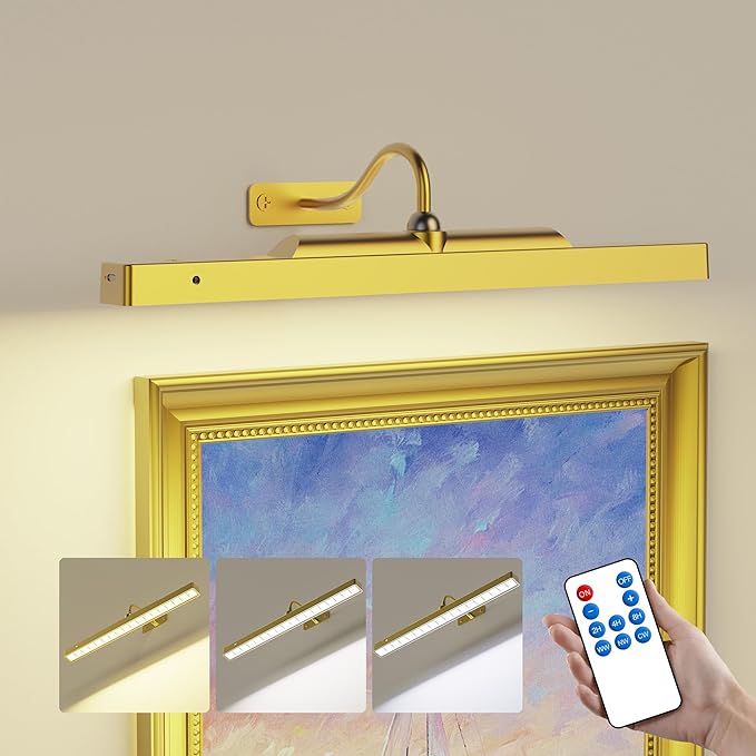 Lights for Pictures on Wall, 16in Battery Operated Picture Lights for Paintings, 5000mAh Wall Lights with Remote and 3 Light Modes,Art Light for Wall Painting,Frame, Portrait, Dartboard - Gold