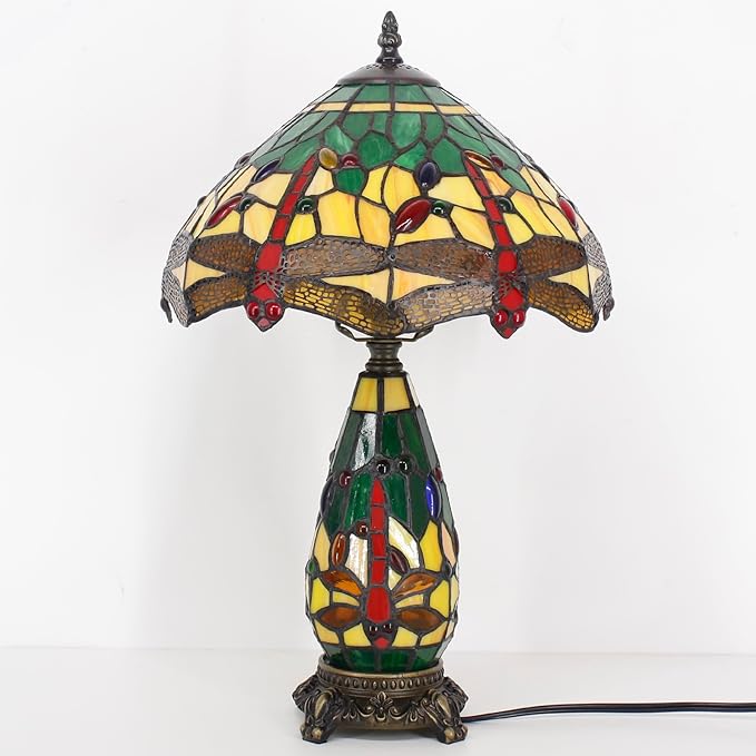 Tiffany Lamp Stained Glass Table Lamp 12X19 Inches Mother Daughter Vase Desk Accent Night Light for Bedroom Bedside Reading Home Antique Style(Green Yellow)