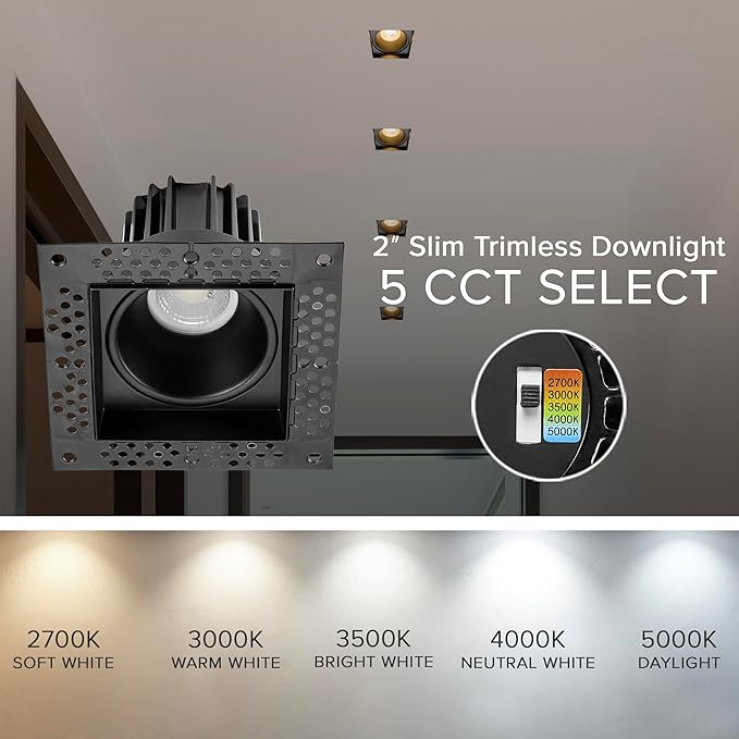Maxxima 2” Trimless Ultra-Thin Recessed Anti-Glare LED Downlight Canless IC Rated 600 Lumens 5 Color Temperature Selectable 2700K/3000K/3500K/4000K/5000K Dimmable 5 CCT Black Square Slim J-Box Incl