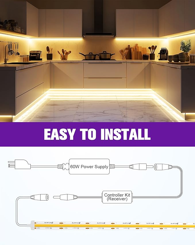HitLights COB LED Strip Lights Kit Warm White 3000K, Dimmable Tape Light with Remote 12V Power Supply, 2640 LEDs, 426 lm/ft, CRI 90+, UL Listed, Premium Lighting for Kitchen Cabinets Bedroom,16.4ft