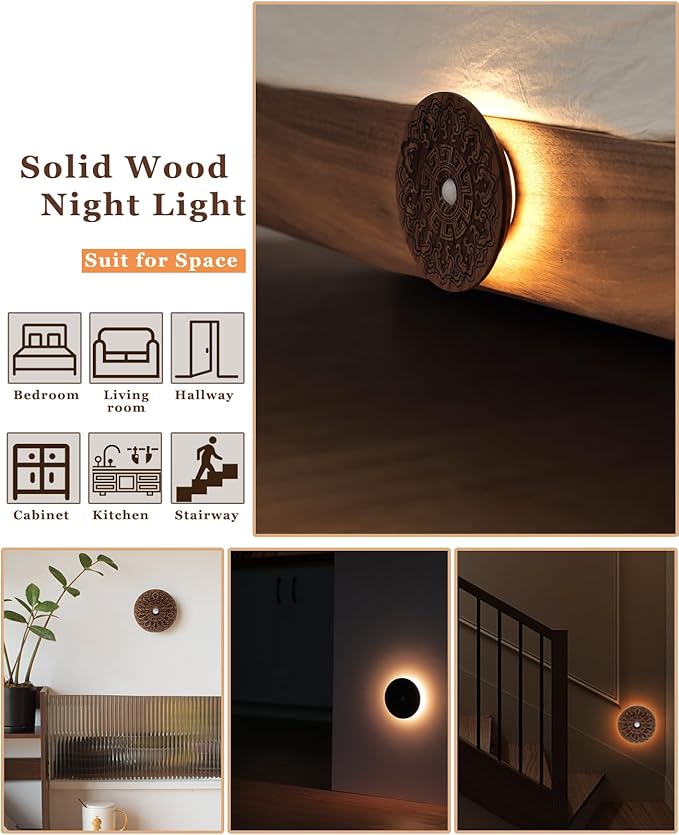 Motion Sensor Night Light Wood USB Rechargeable Stick-On Step Lights Magnetic Small Wall Lights for Hallway Bedroom Living Room Stair (Carved Black Walnut *1Pack)
