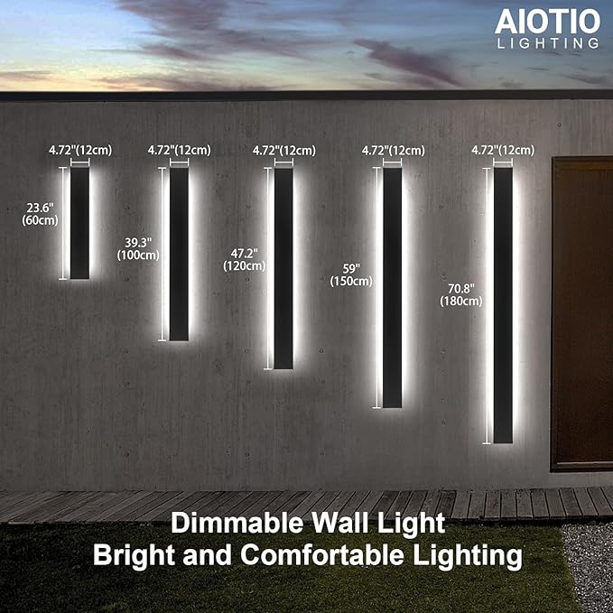 47.2in Outdoor Wall Light Exterior,AioTio Black Long LED Outdoor Wall Light Fixtures Wall Mount,Upgraded 4.72in Wide Dimmable IP65 Waterproof Modern Porch Lights Wall Sconce for Garage,Courtyard,Patio