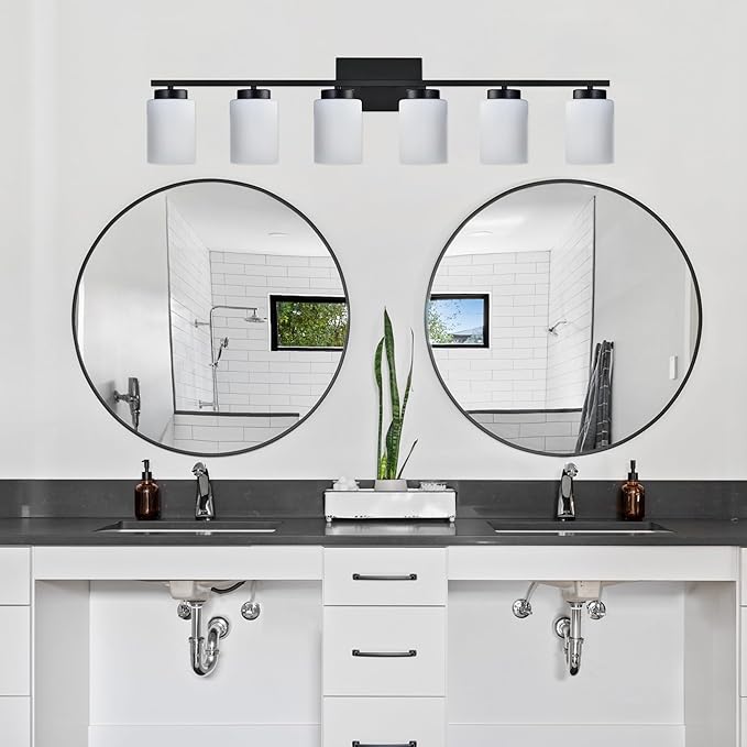 VINLUZ 6-Light Bathroom Vanity Light with Milky White Frosted Glass,Matte Black Modern Bathroom Wall Mounter Light Fixtures Over Mirror for Living Room