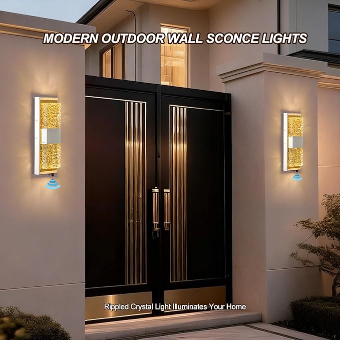 Dusk to Dawn Outdoor Lighting,Exterior Lighting Fixtures IP65 Waterproof Porch Lights Outdoor 12W LED Crystal Modern Outside Wall Sconce for Porch Hallway Doorway Patio,14.2'' White&Gold 2PCS